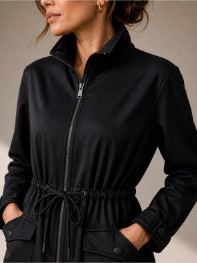cabi Black Utility Jacket Chic Minimalist Zip Front Waist Tie Lightweight Modern